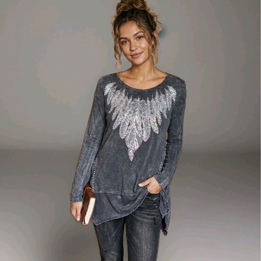 Vintage Y2K Vocal Bedazzled Tunic Crystal Feathers Top Grunge Cowgirl Punk Large